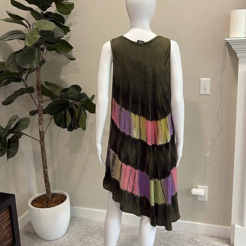 Fashion Force Embroidered Tie Dye Midi Tank Dress Free Size Rainbow Stripe Y2K